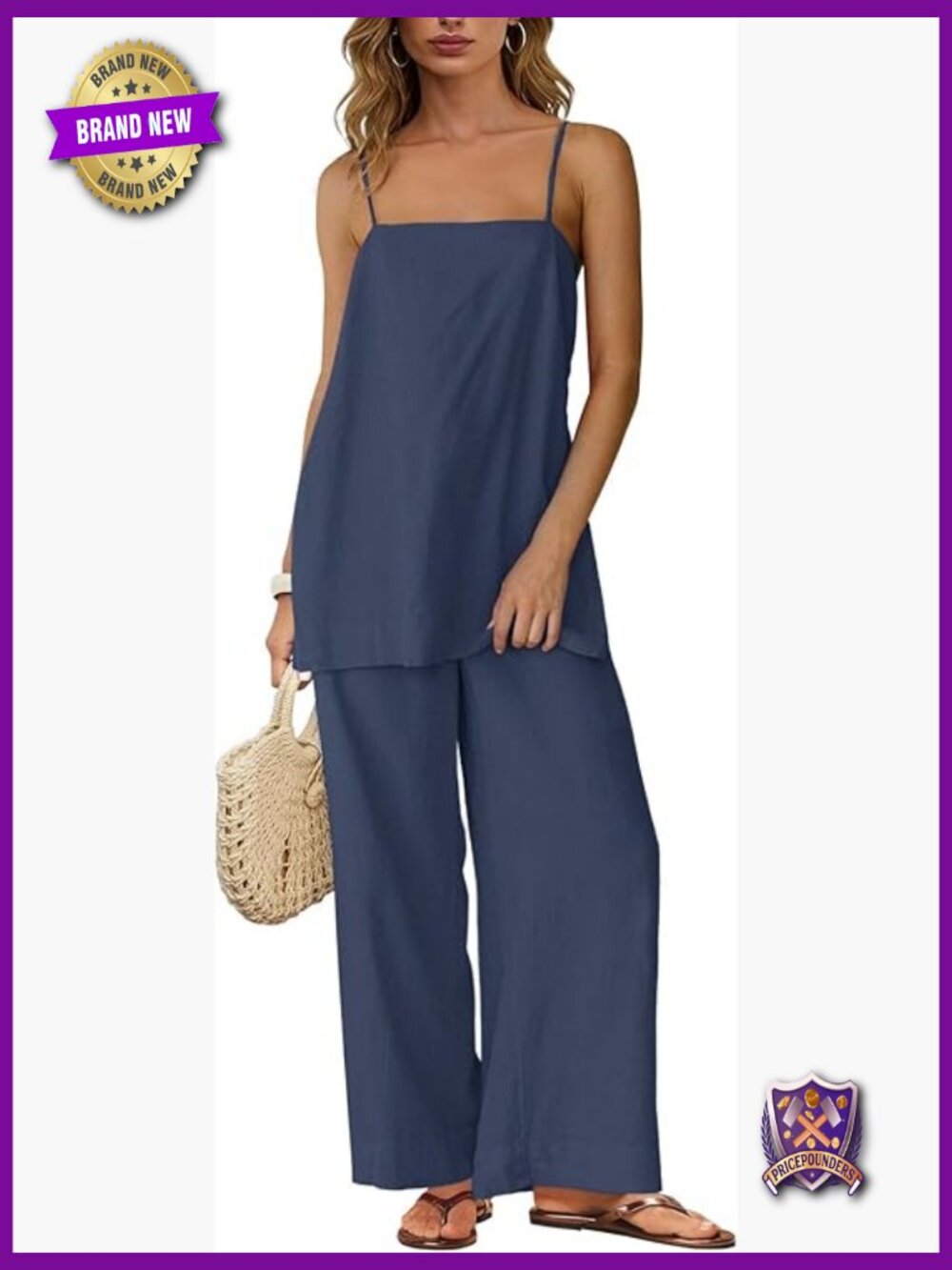 Women's 2 Piece Linen Pant Set with Pockets Sleeveless Square Neck